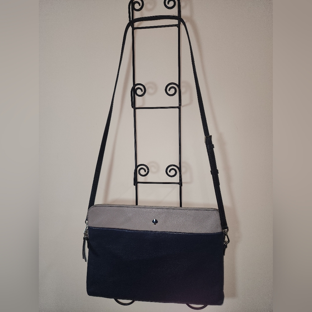 Kate Spade New York Leather Laptop Gray Navy Blue Black Case Carryall Bag